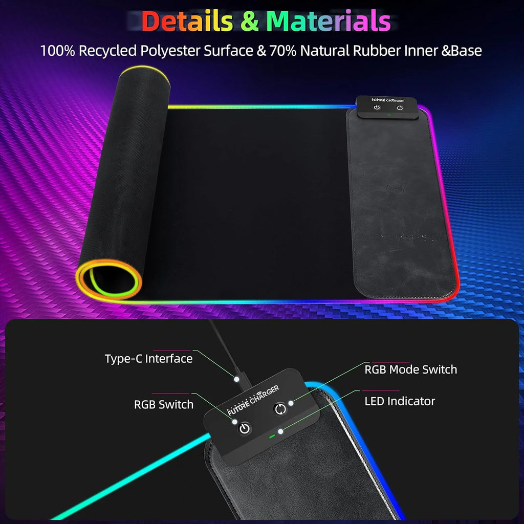 Mouse Pad with Wireless Charging, 15W RGB Gaming Mousepad with 9 Light, LED Large Desk Mat with Waterproof Non-Slip Rubber Base