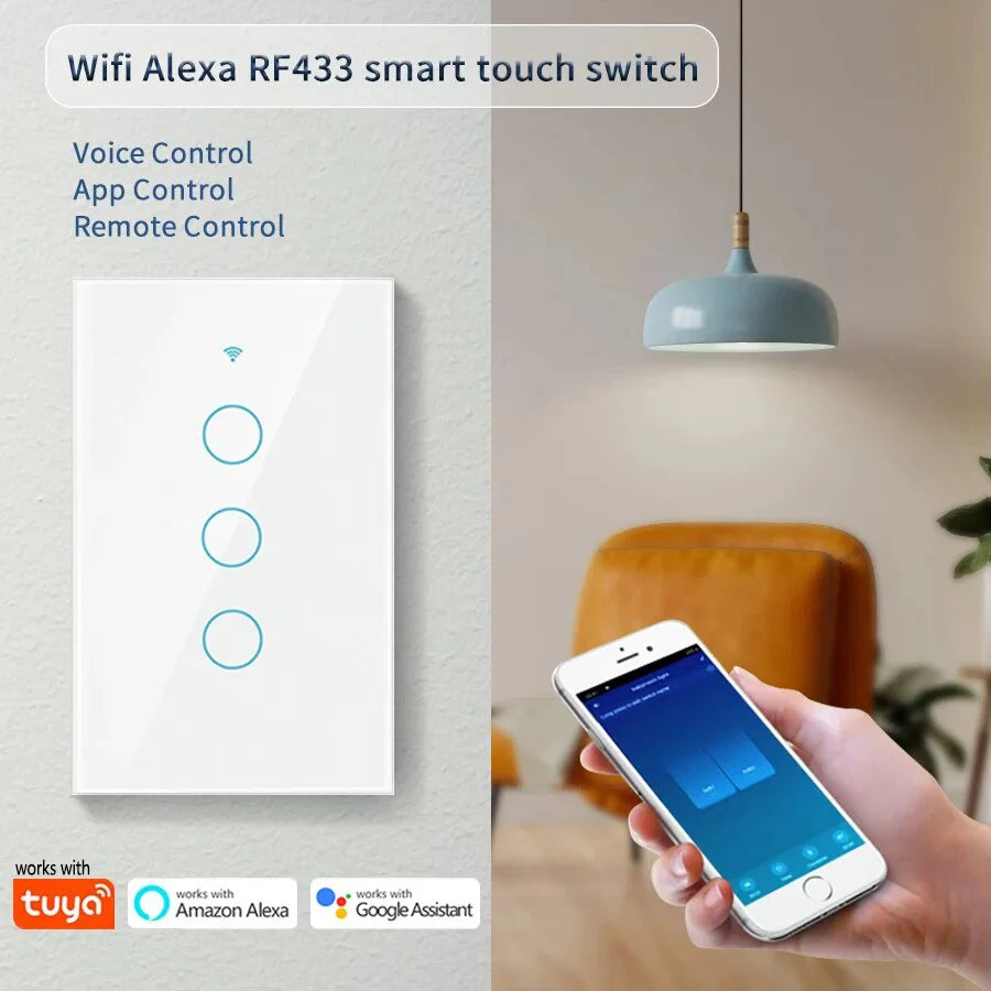 Work with Tuya Wifi US Smart Light Switch Neutral Wire/No Neutral Wire Required 120 Type Wall Touch Switch Alexa, Google Home