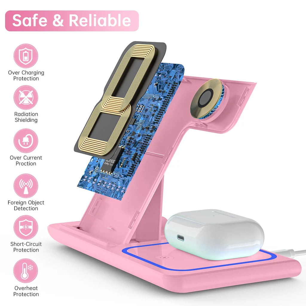 Wireless Charger, 18W 3 in 1 Wireless Charging Station for Iphone 17 16E 15 14 13 12 Pro, Fast Charger Stand for Iwatch SE 9-11 6-8 2-5, Airpods 4/3/2/Pro, Samsung Galaxy Seires (Pink)
