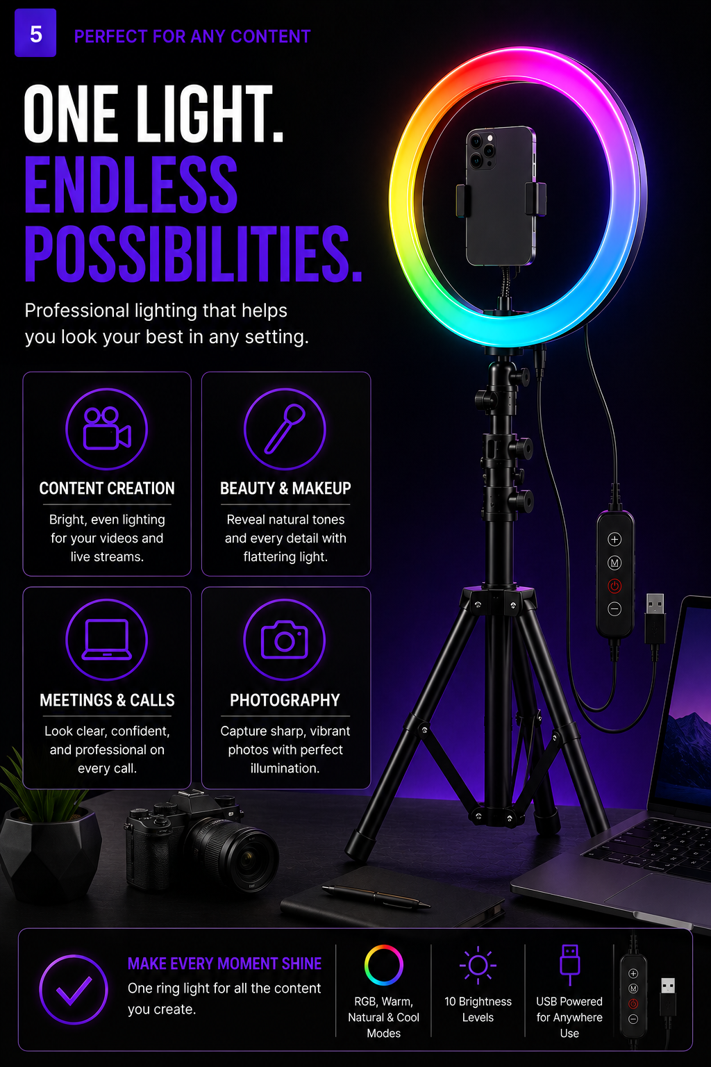13" Ring Light with Tripod & Phone Holder — 26 Modes, 10 Brightness, Live Stream & YouTube