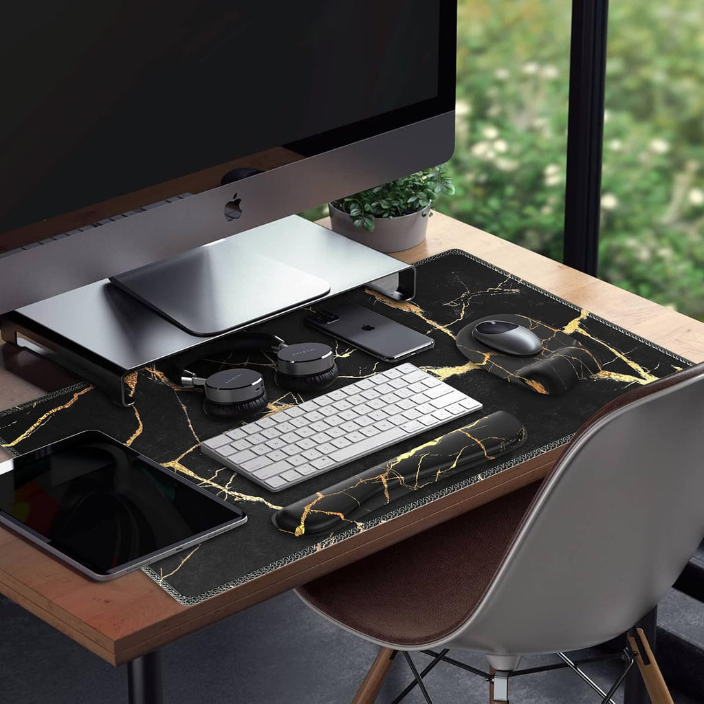 Mousepad with Wrist Rest, Desk Pad for Keyboard and Mouse, Black Mouse Pad, Ergonomic Mouse Pad Set, Keyboard Wrist Rest with Coaster, Desk Mat Set for Office (Black Gold Marble)