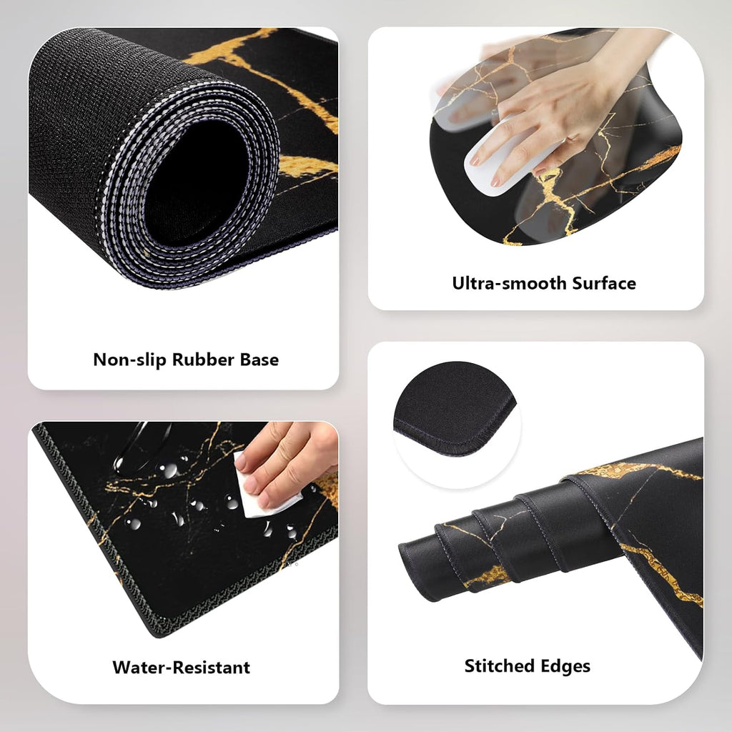 Mousepad with Wrist Rest, Desk Pad for Keyboard and Mouse, Black Mouse Pad, Ergonomic Mouse Pad Set, Keyboard Wrist Rest with Coaster, Desk Mat Set for Office (Black Gold Marble)
