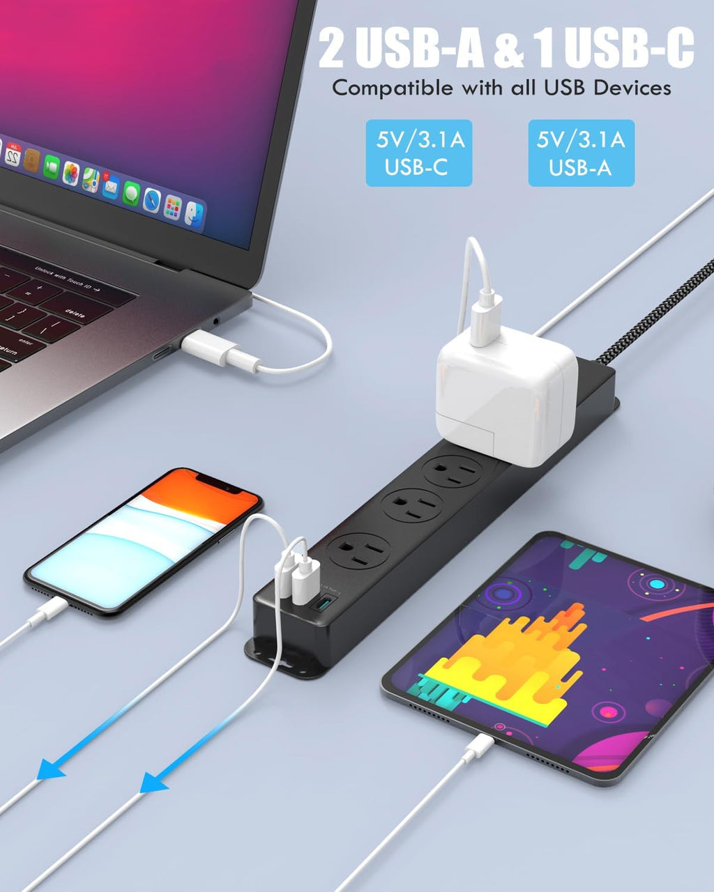 Surge Protector Power Strip with USB C Ports, 5FT Braided Extension Cord, 5 Outlets and 3 USB Ports(1 USB C),  Mountable Power Strips Flat Plug with Overload Protection