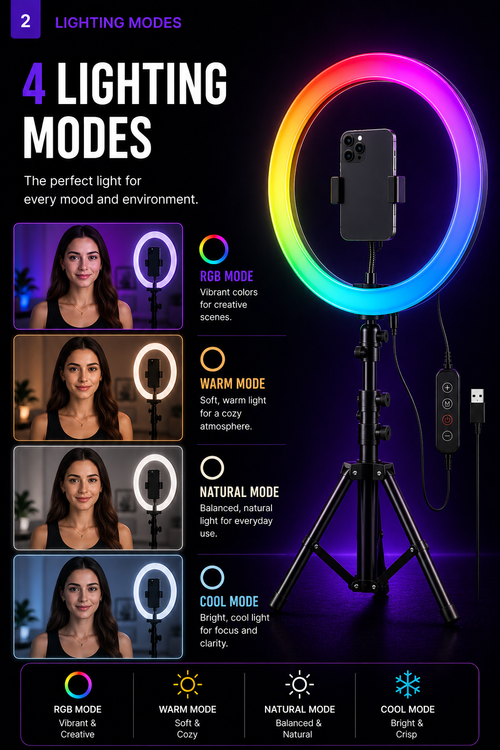 13" Ring Light with Tripod & Phone Holder — 26 Modes, 10 Brightness, Live Stream & YouTube