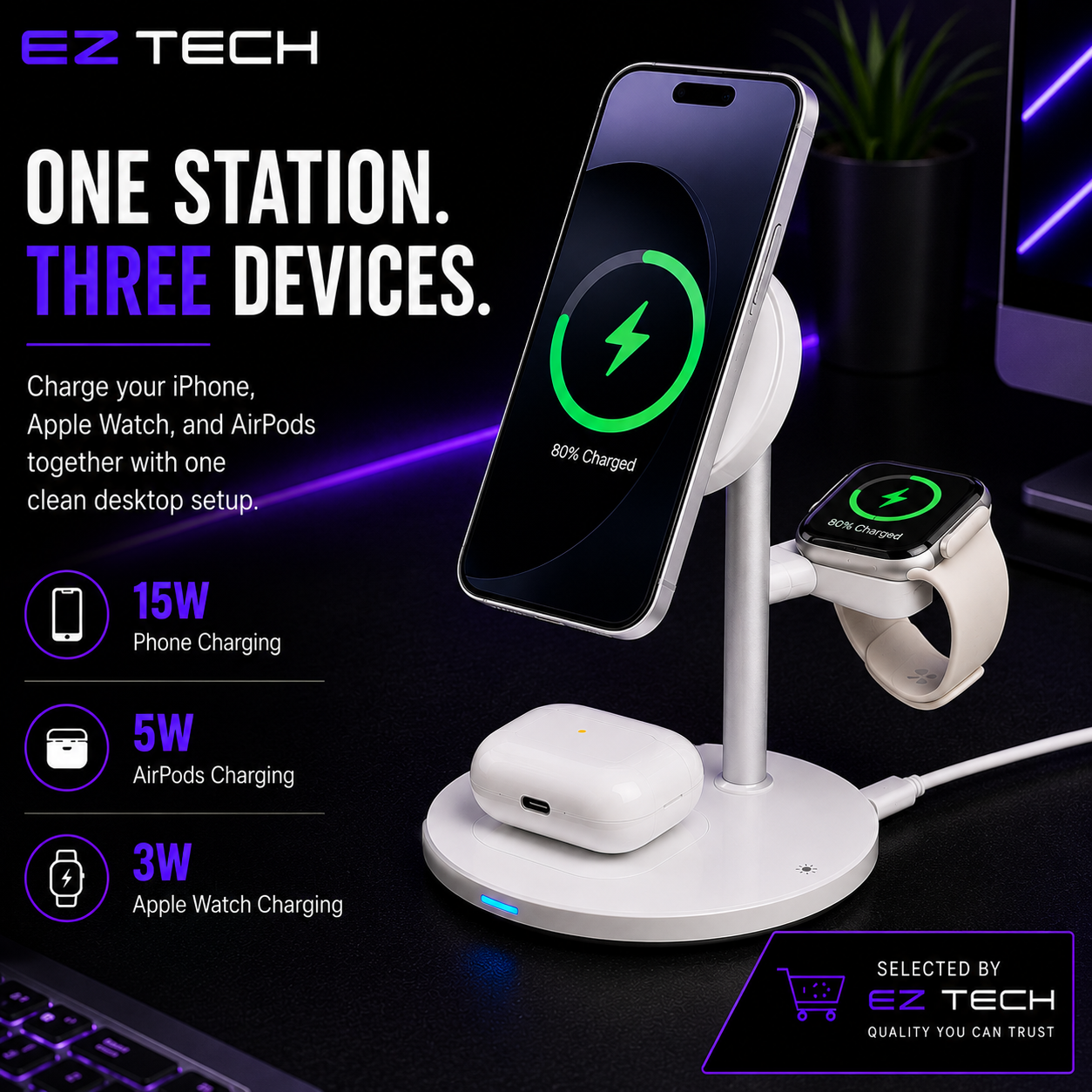 EzTech 3-in-1 wireless charging station for phone, AirPods and Apple Watch