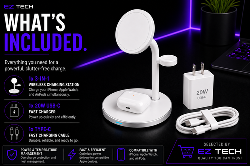 EzTech 3-in-1 wireless charging station included accessories and charging features
