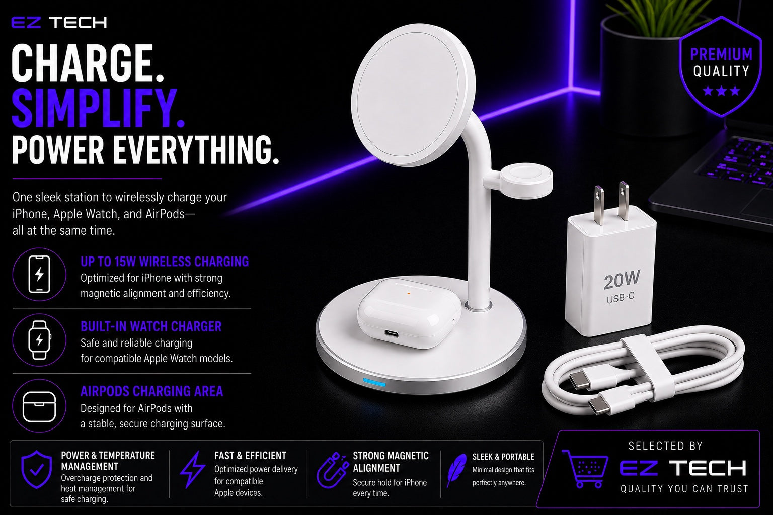 EzTech 3-in-1 wireless charging station charging features and compatibility