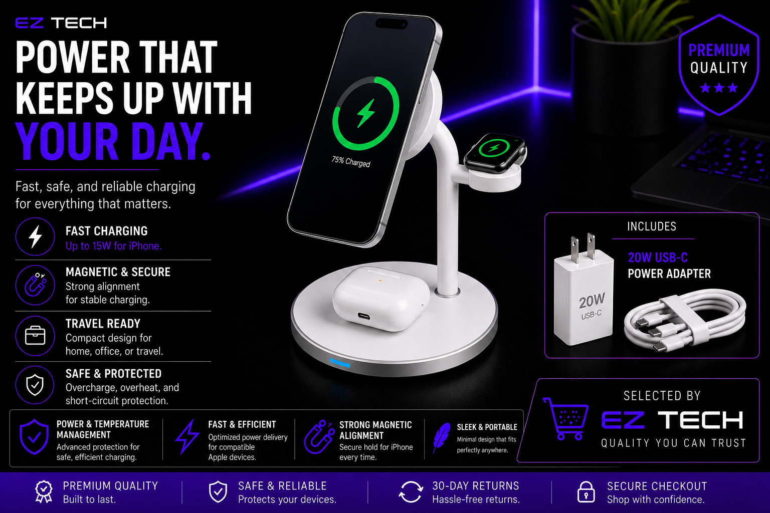EzTech 3-in-1 wireless charging station premium charging features, included 20W adapter, and secure checkout