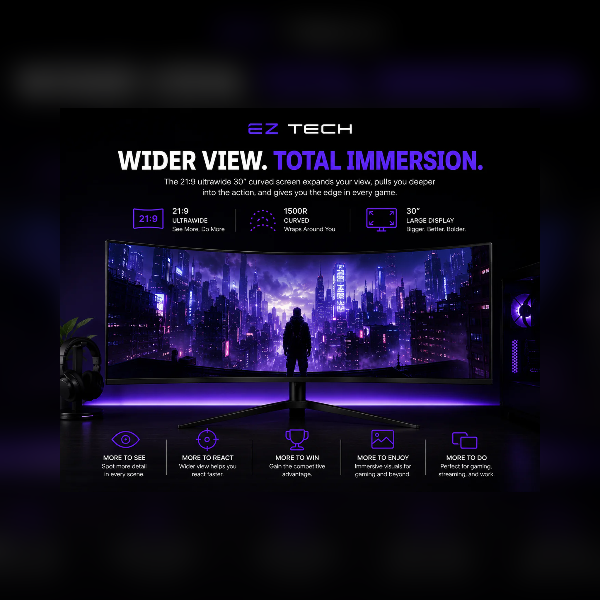 30-inch 200Hz ultrawide curved gaming monitor feature overview graphic selected by EzTech
