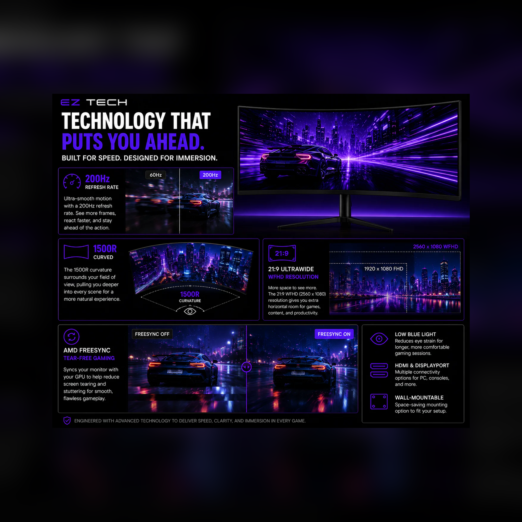 30-inch 200Hz ultrawide curved gaming monitor lifestyle graphic selected by EzTech