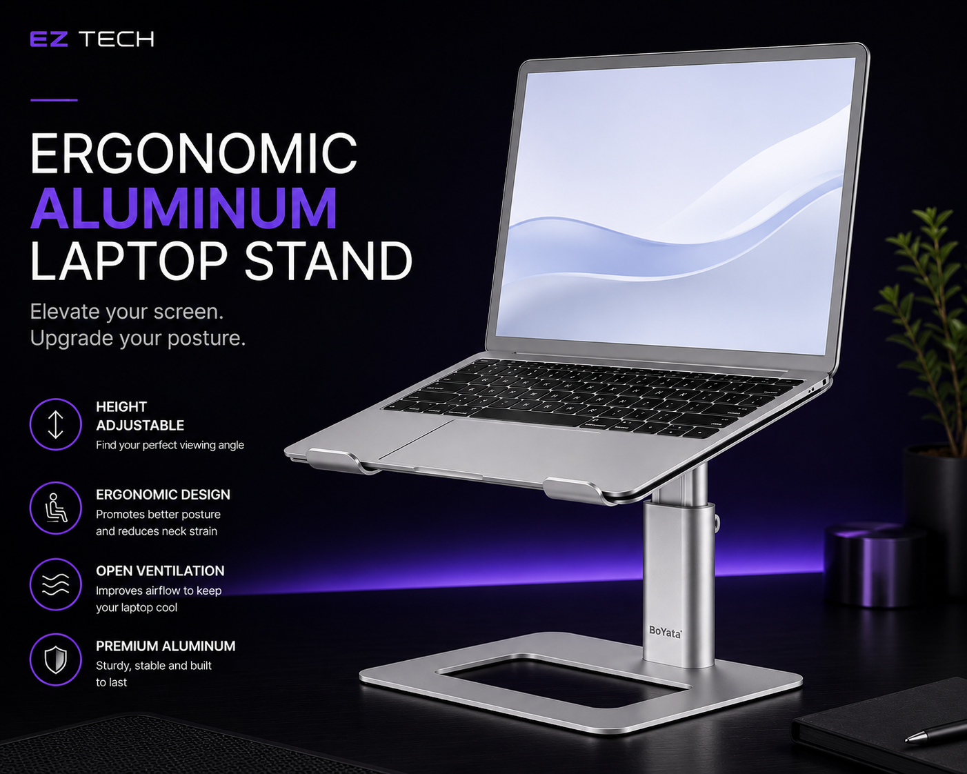 EzTech ergonomic aluminum laptop stand feature graphic with premium dark theme