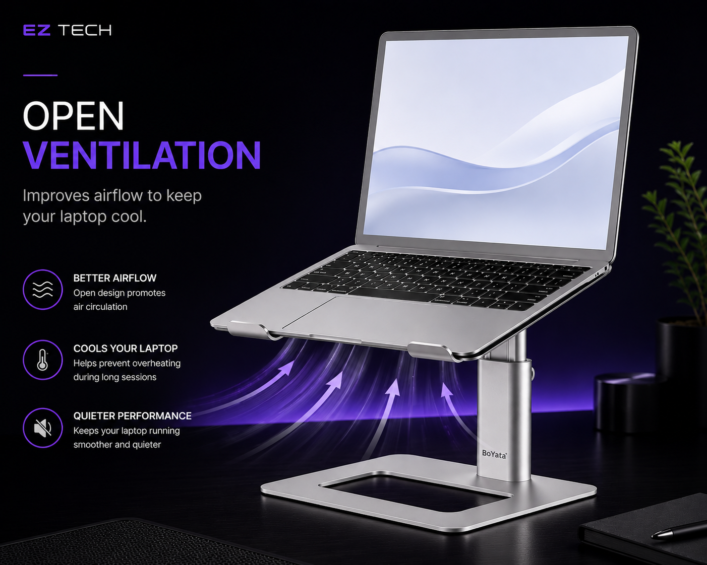 EzTech open ventilation feature graphic for ergonomic aluminum laptop stand