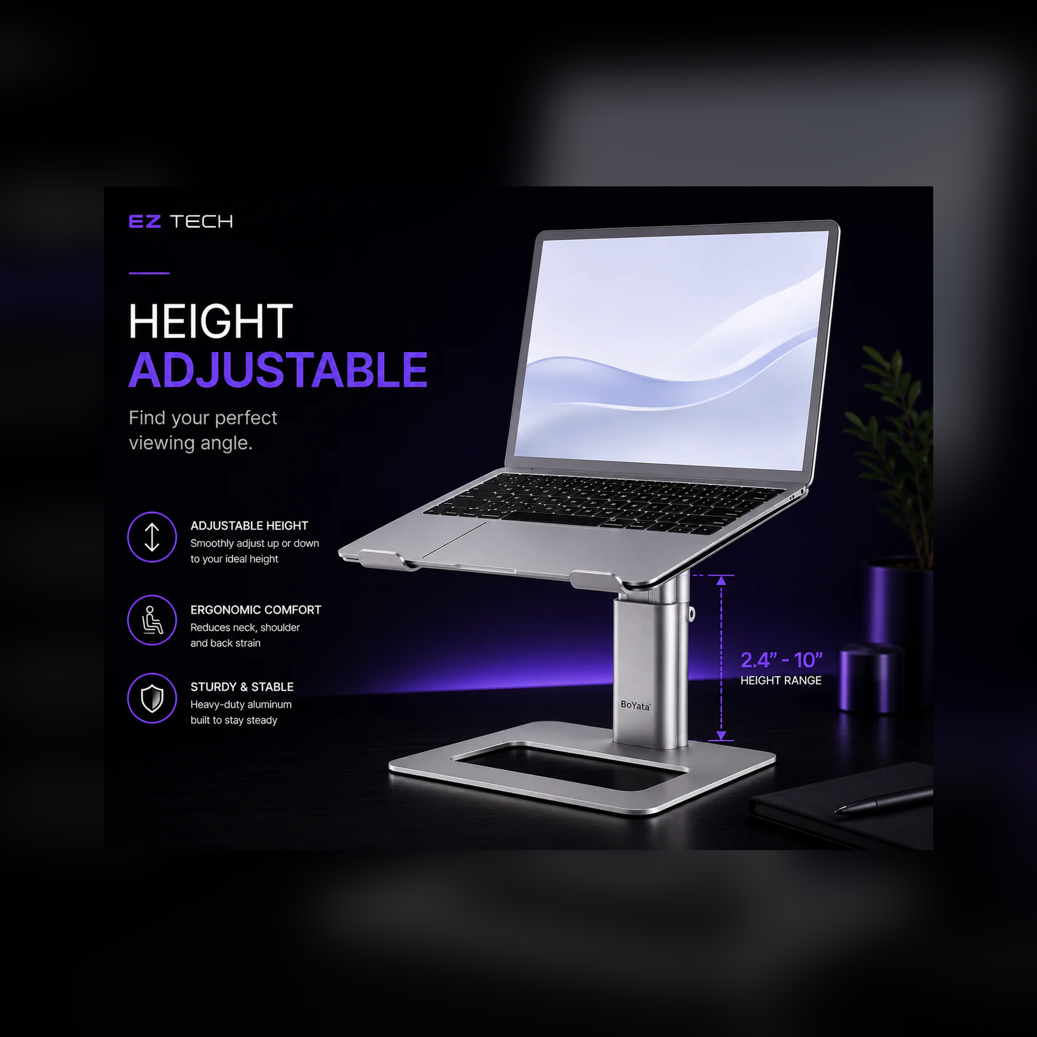 EzTech adjustable aluminum laptop stand height adjustable