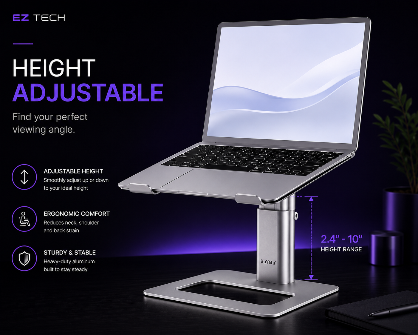 EzTech height adjustable feature graphic for ergonomic aluminum laptop stand