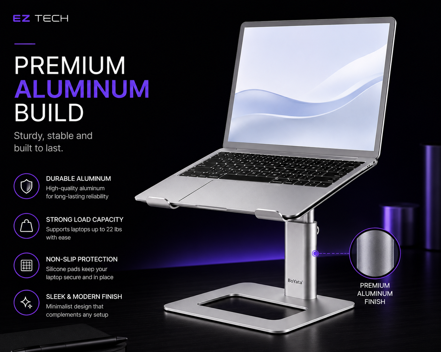 EzTech premium aluminum build feature graphic for ergonomic laptop stand