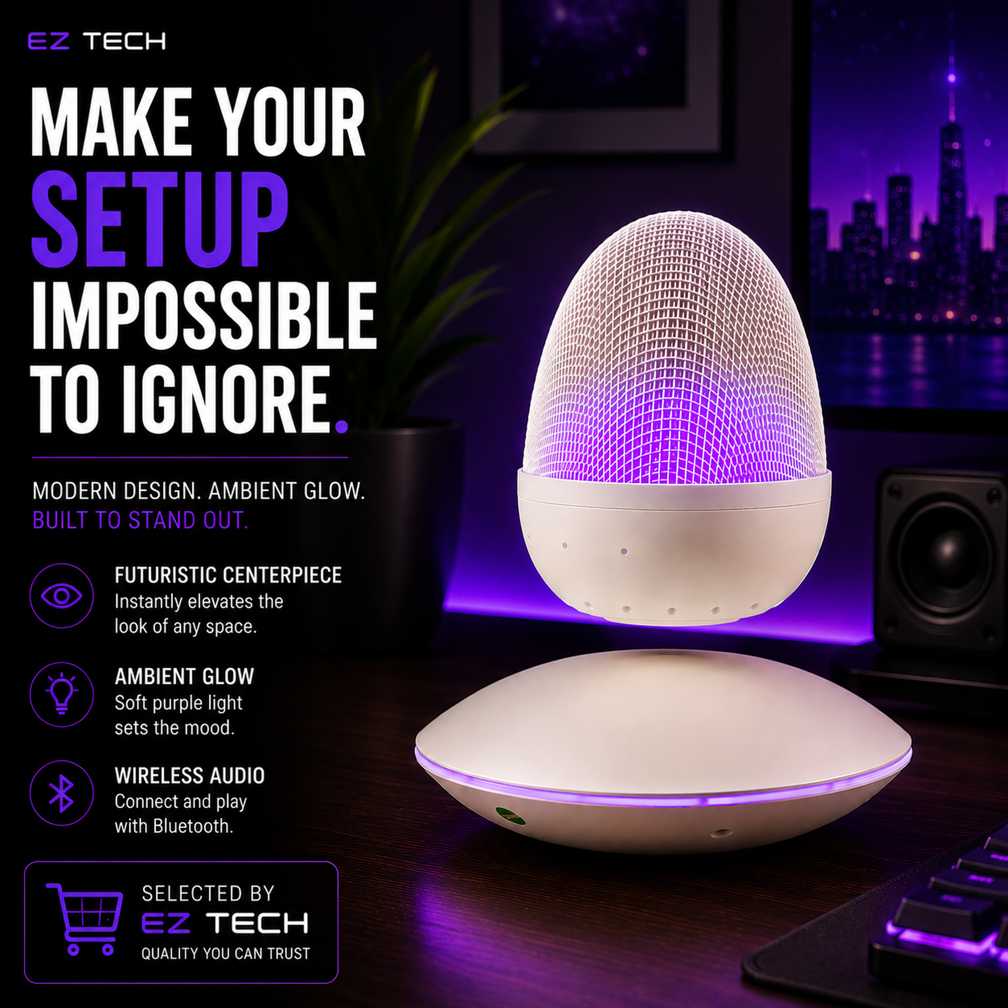 EzTech levitating Bluetooth speaker in a premium purple-lit desk setup