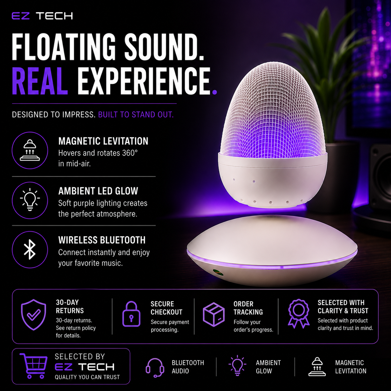 EzTech levitating Bluetooth speaker features and shopping trust information
