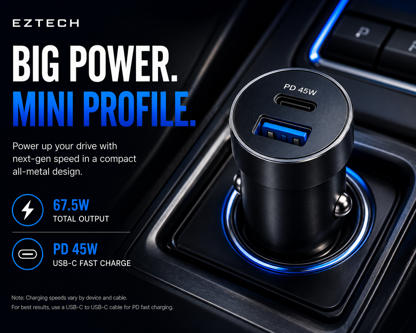 EzTech 67.5W mini metal USB-C car charger hero image