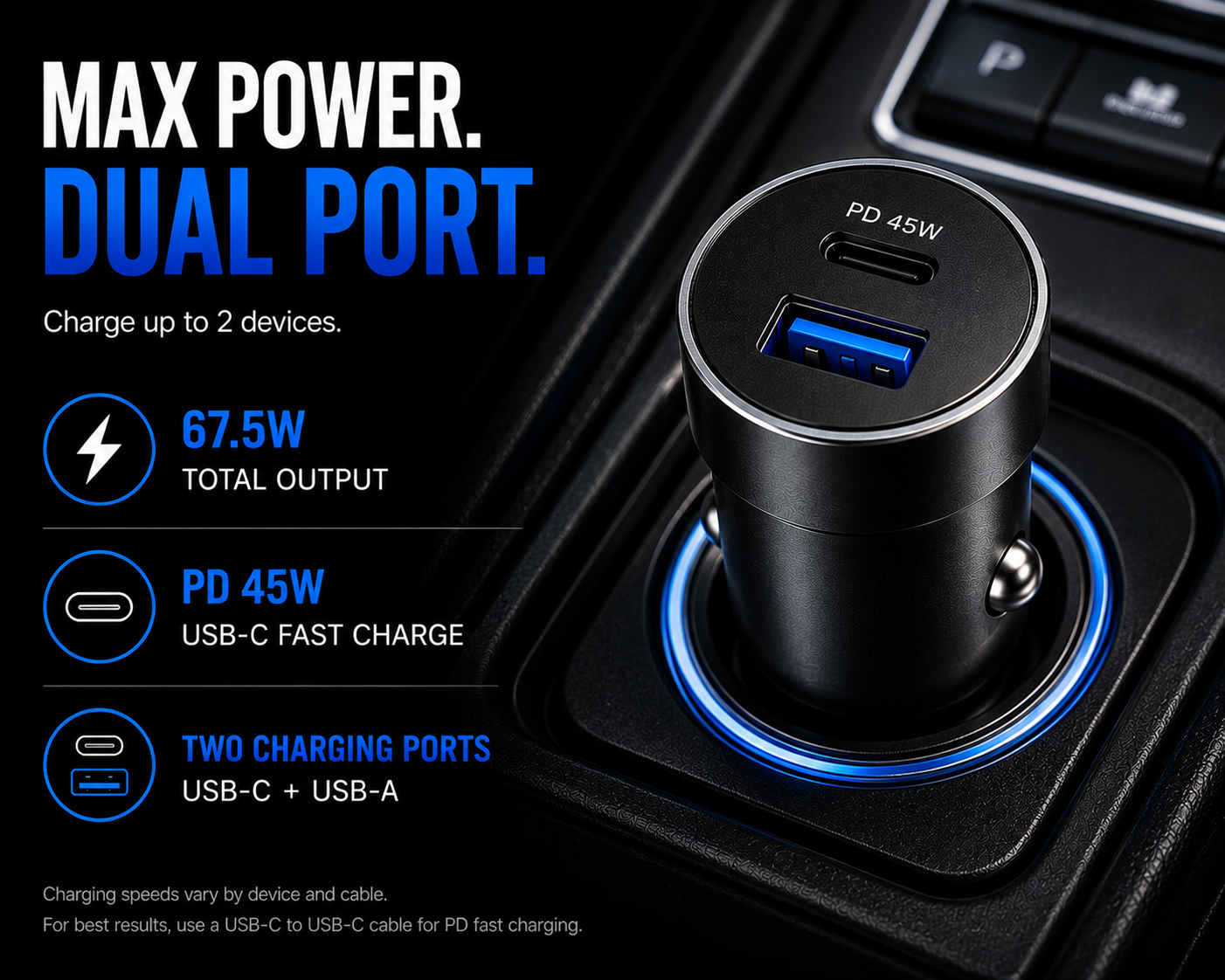 EzTech 67.5W mini metal car charger dual port and PD 45W charging infographic