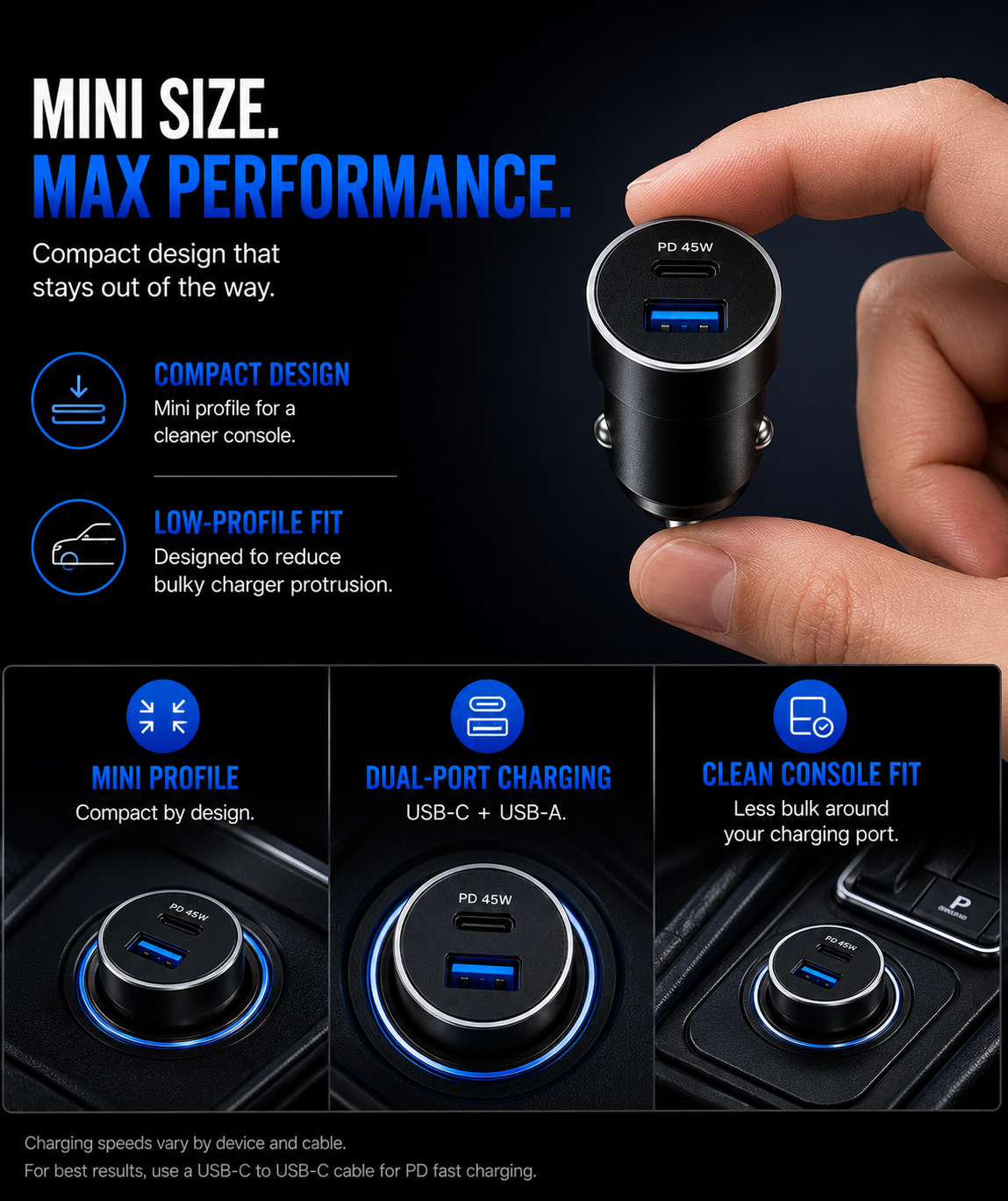 EzTech mini metal car charger compact low-profile dual-port design infographic