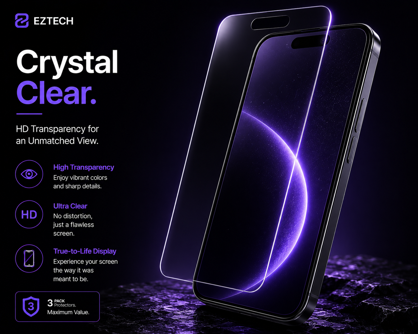 EzTech Crystal Clear feature graphic with dark purple premium theme