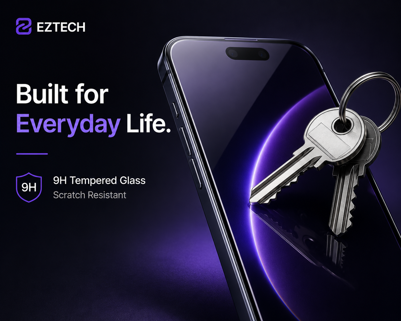 EzTech Built for Everyday Life feature graphic with verified 9H tempered glass messaging