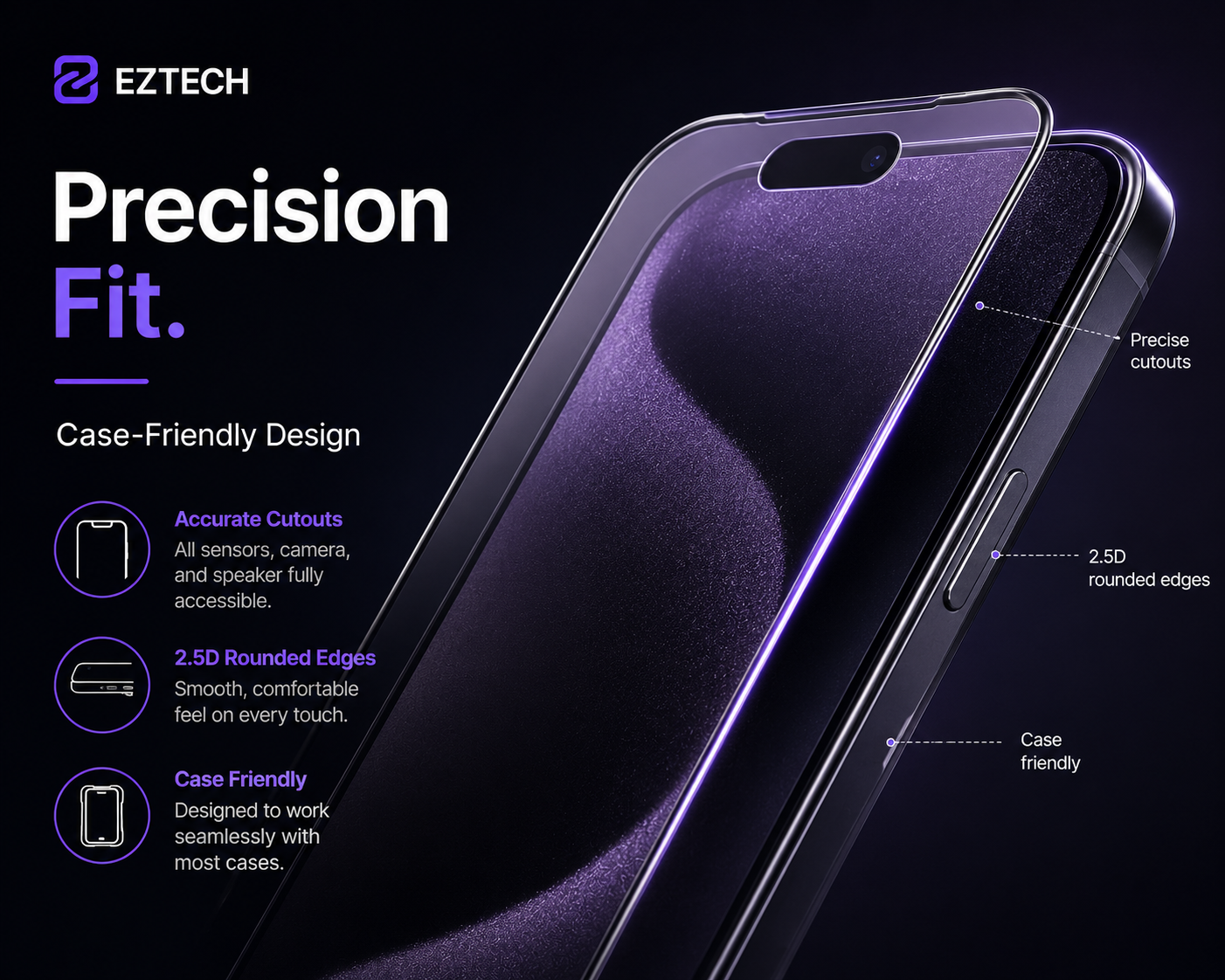 EzTech Precision Fit feature graphic with verified case-friendly messaging