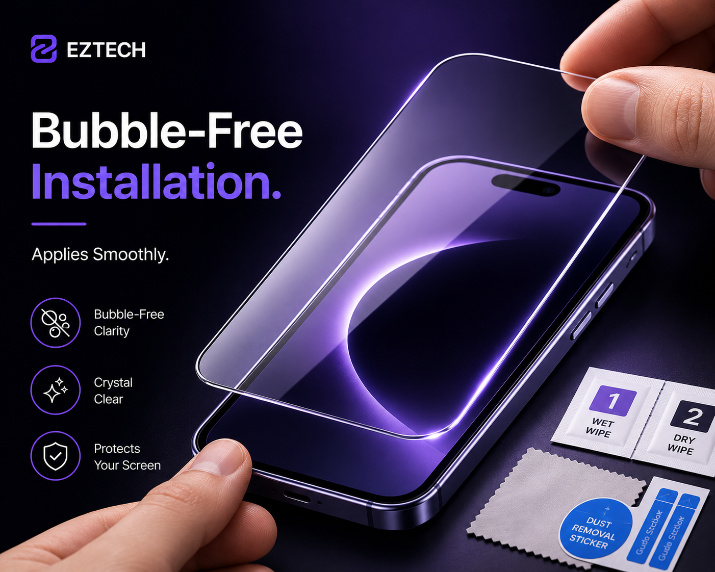 EzTech Bubble-Free Installation feature graphic showing generic installation and included accessories