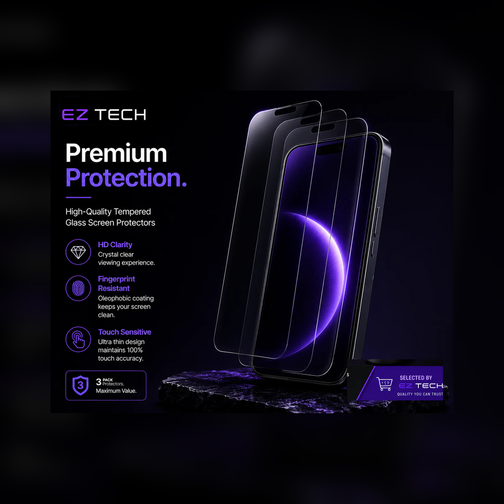 EzTech tempered glass screen protector premium protection hero graphic