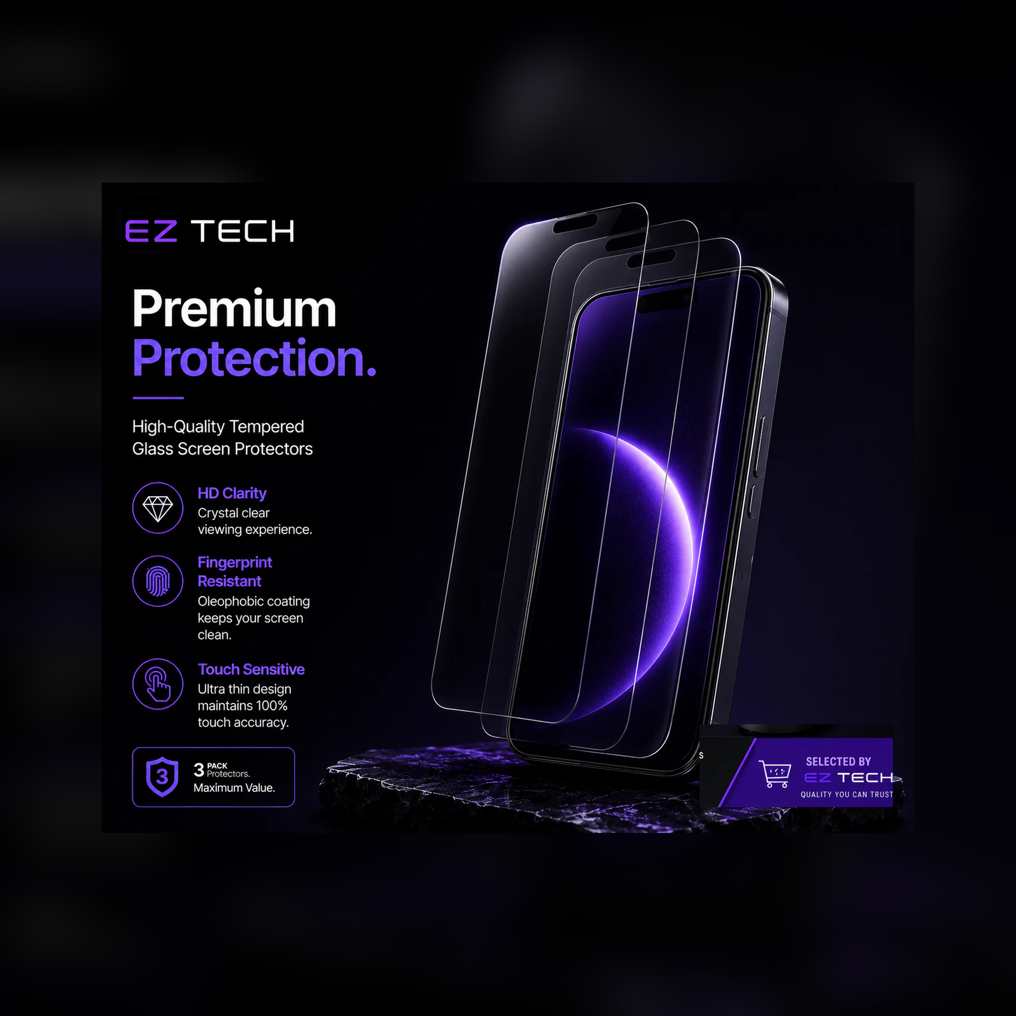 EzTech tempered glass screen protector premium protection hero graphic