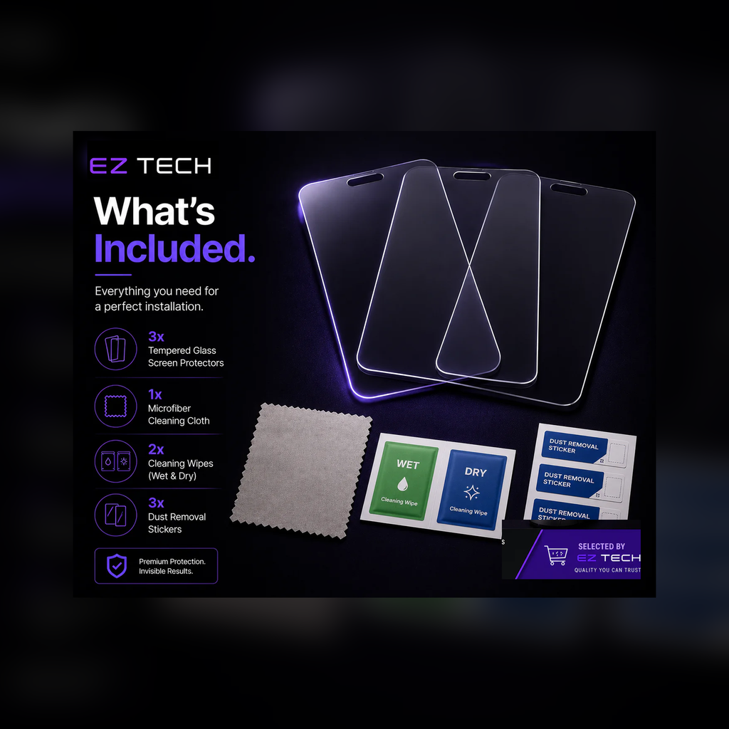 EzTech tempered glass screen protector package contents graphic