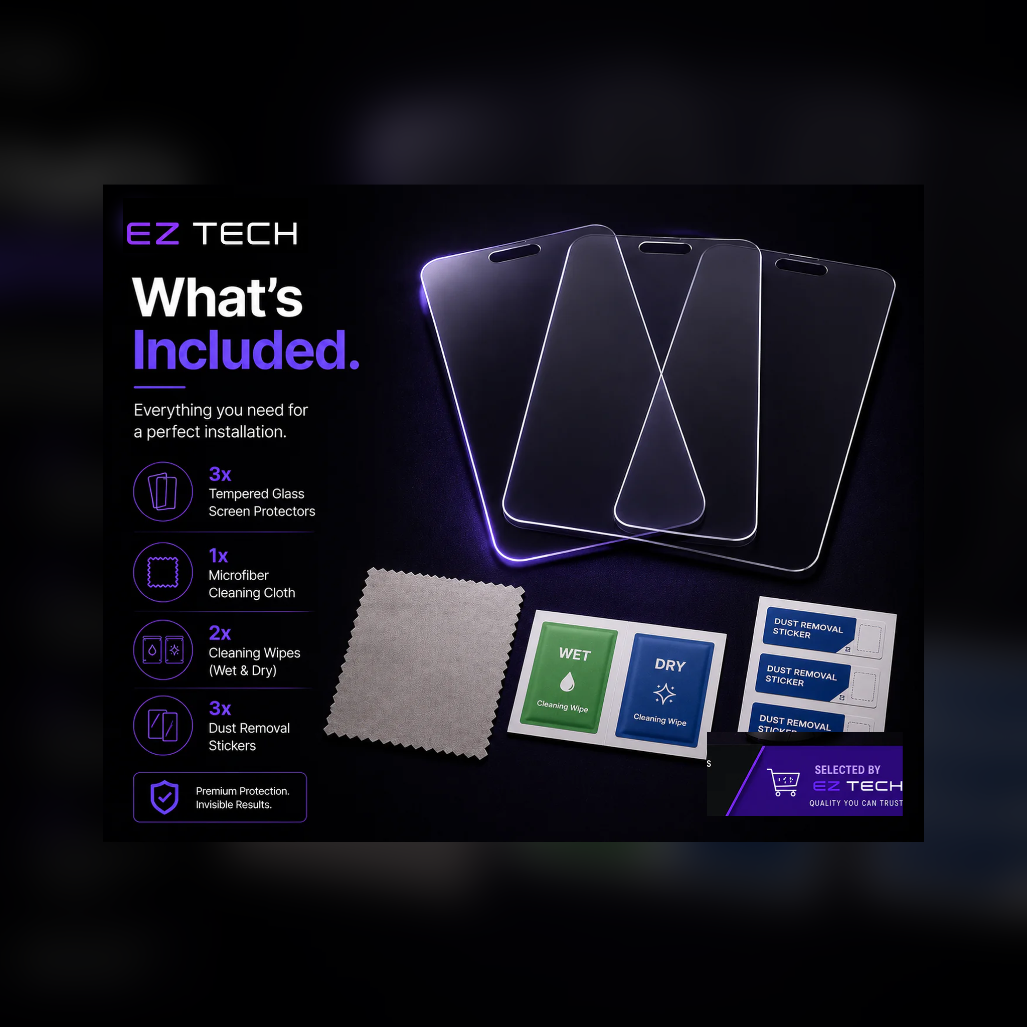 EzTech tempered glass screen protector package contents graphic