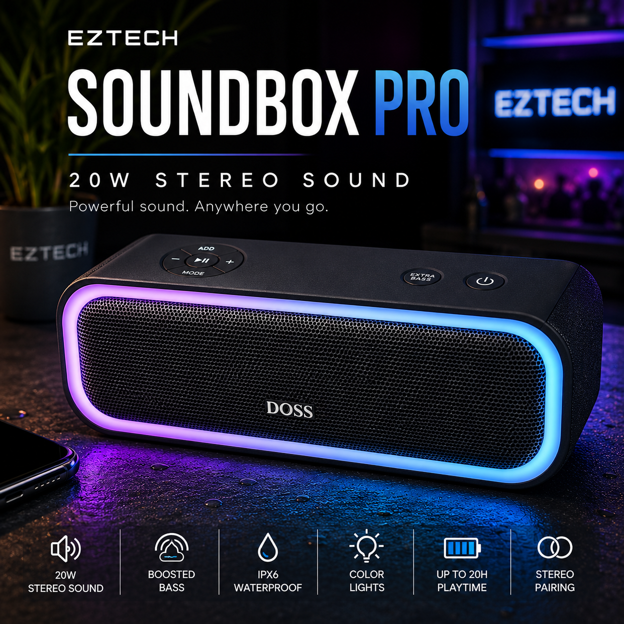 Soundbox Pro Bluetooth speaker with 20W stereo sound, boosted bass, IPX6 waterproofing, color lights and 20-hour playtime