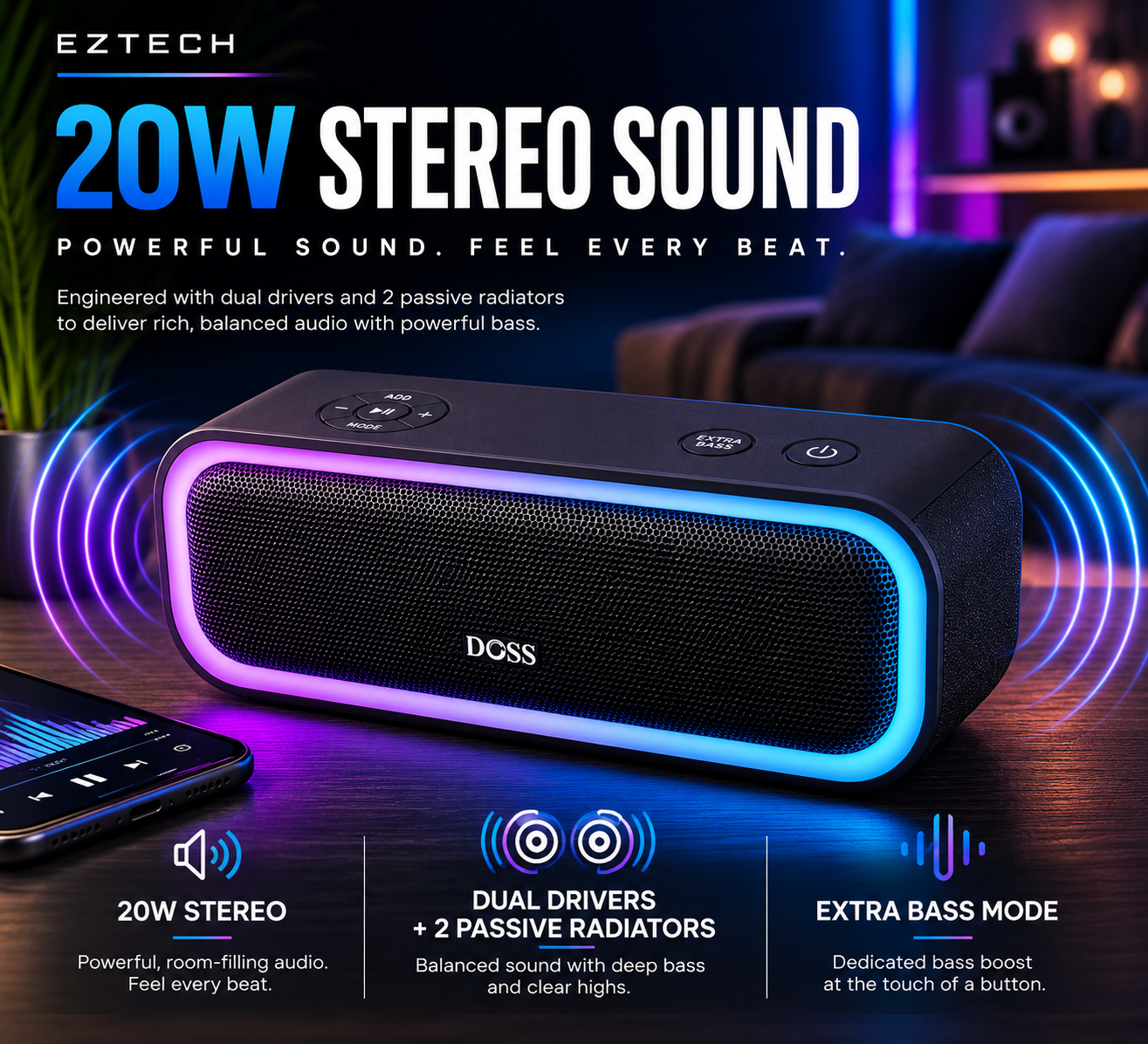 Soundbox Pro 20W stereo speaker with dual drivers, two passive radiators and dedicated Extra Bass mode