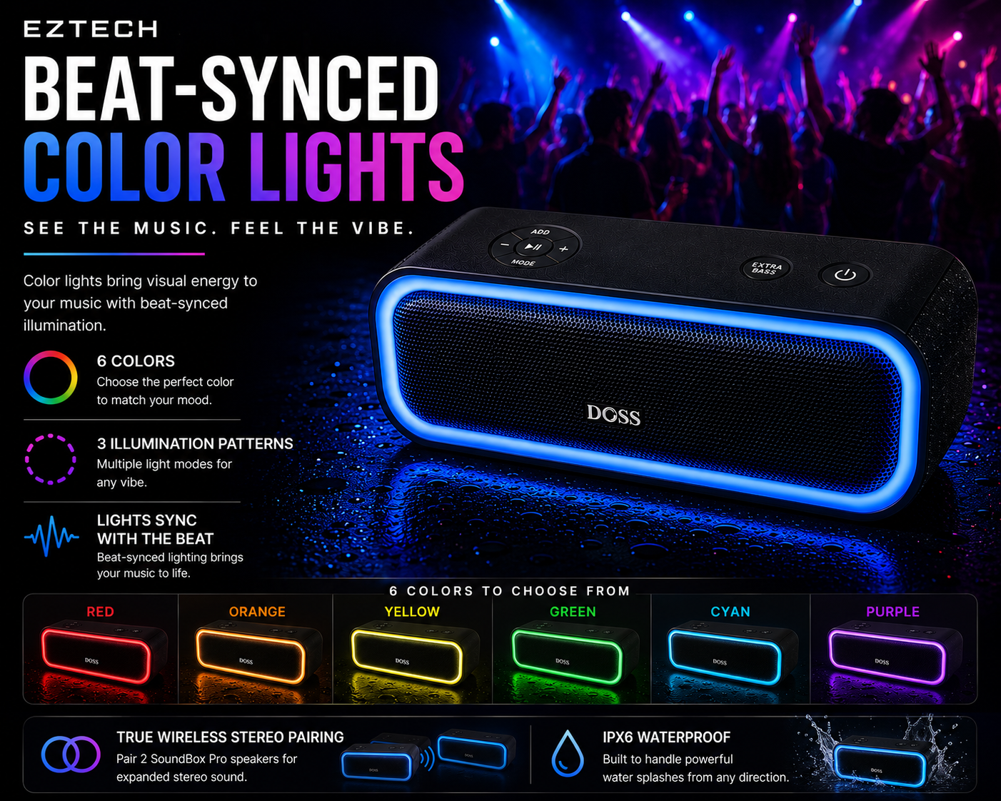 Soundbox Pro beat-synced color lights with six colors, three illumination patterns, stereo pairing and IPX6 waterproofing