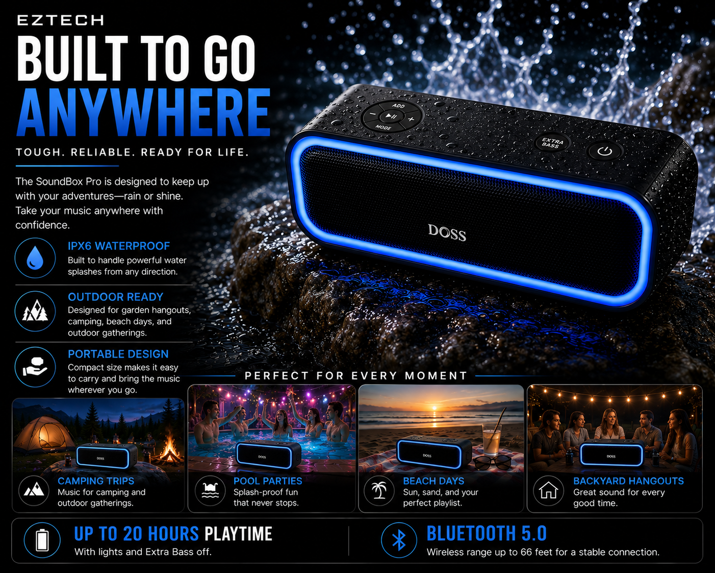 Soundbox Pro IPX6 waterproof Bluetooth speaker with up to 20 hours playtime, Bluetooth 5.0 and outdoor-ready portable design