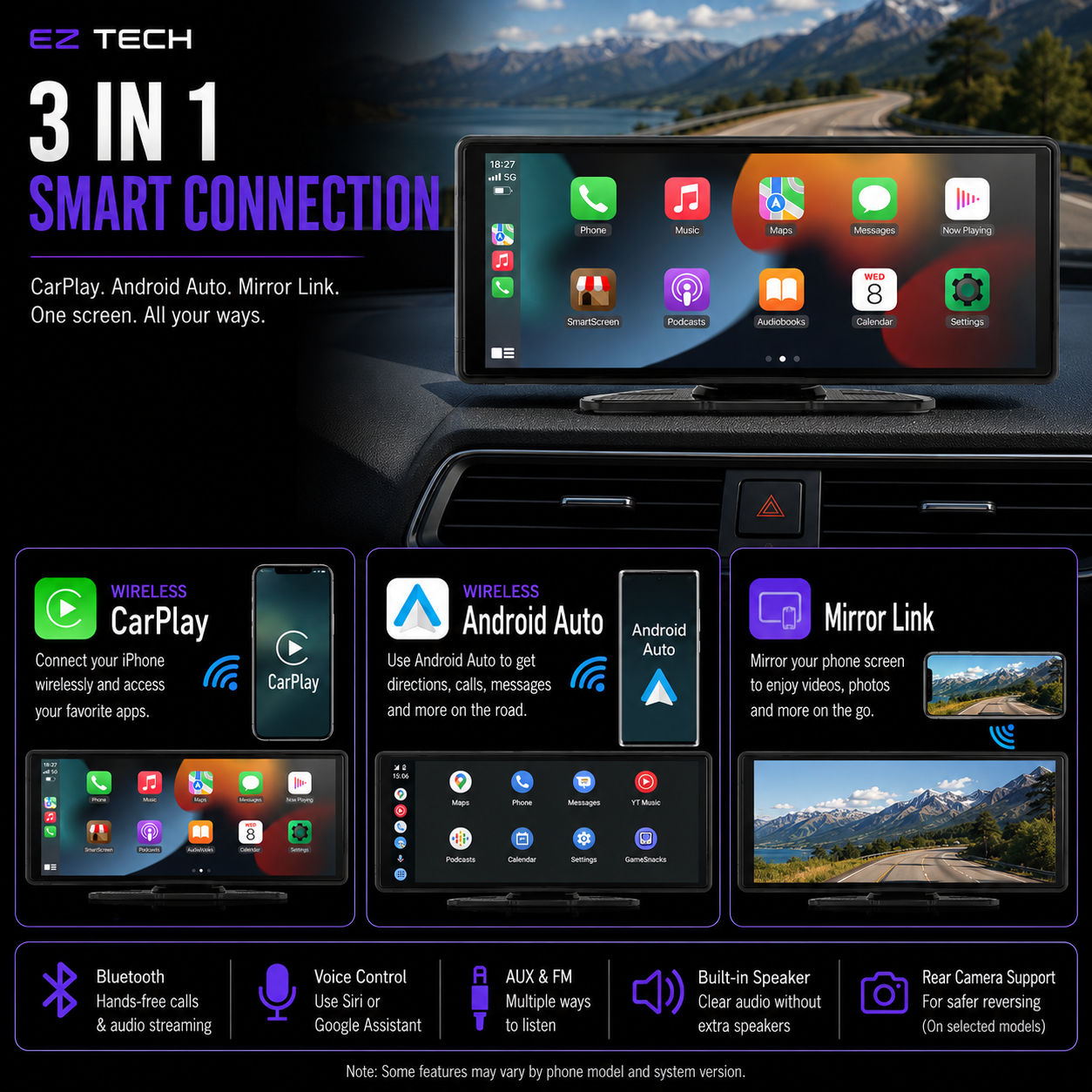 EzTech Wireless CarPlay Screen - 3 in 1 smart connection with CarPlay Android Auto and Mirror Link