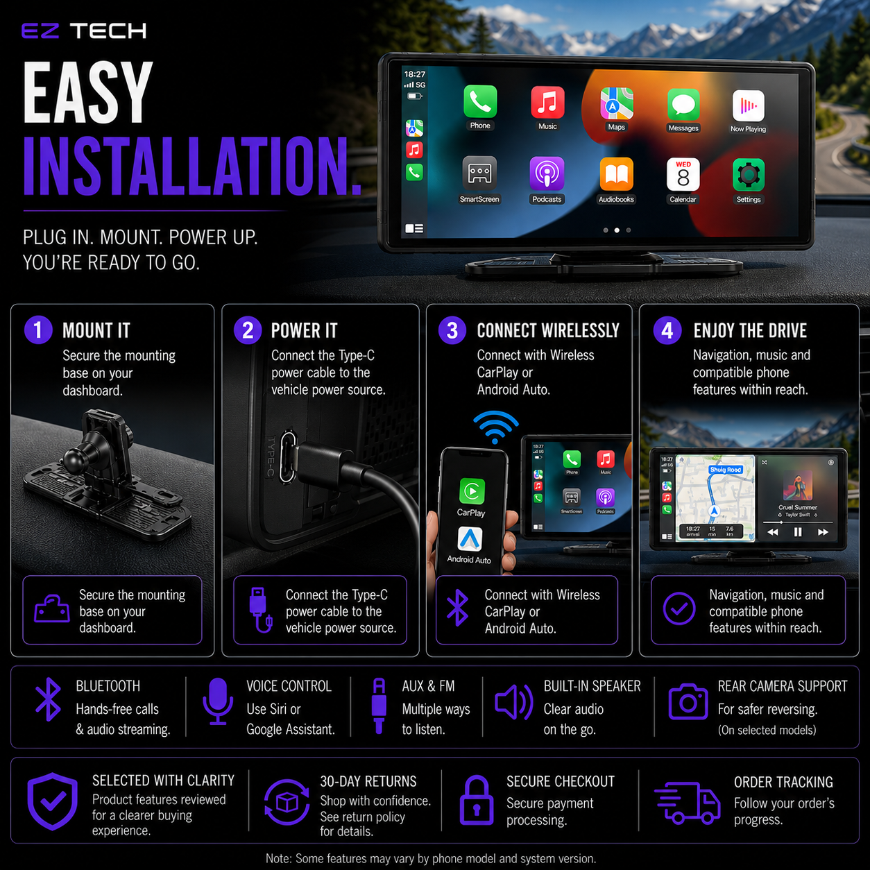 EzTech Wireless CarPlay Screen - easy installation and connection guide