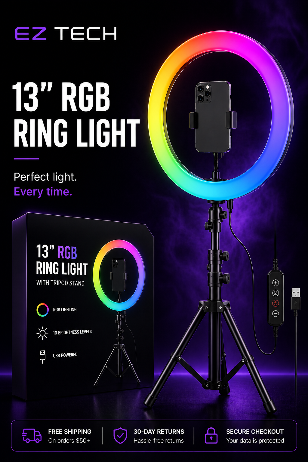 13" Ring Light with Tripod & Phone Holder — 26 Modes, 10 Brightness, Live Stream & YouTube
