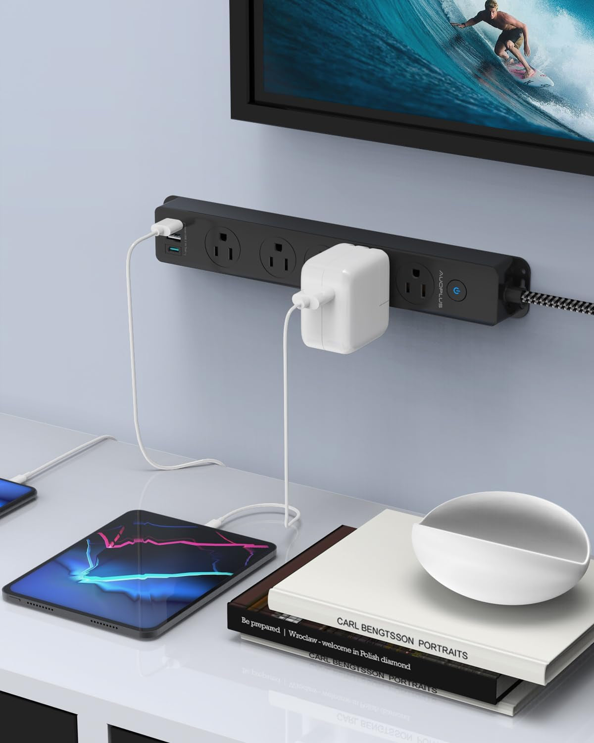 Surge Protector Power Strip with USB C Ports, 5FT Braided Extension Cord, 5 Outlets and 3 USB Ports(1 USB C),  Mountable Power Strips Flat Plug with Overload Protection
