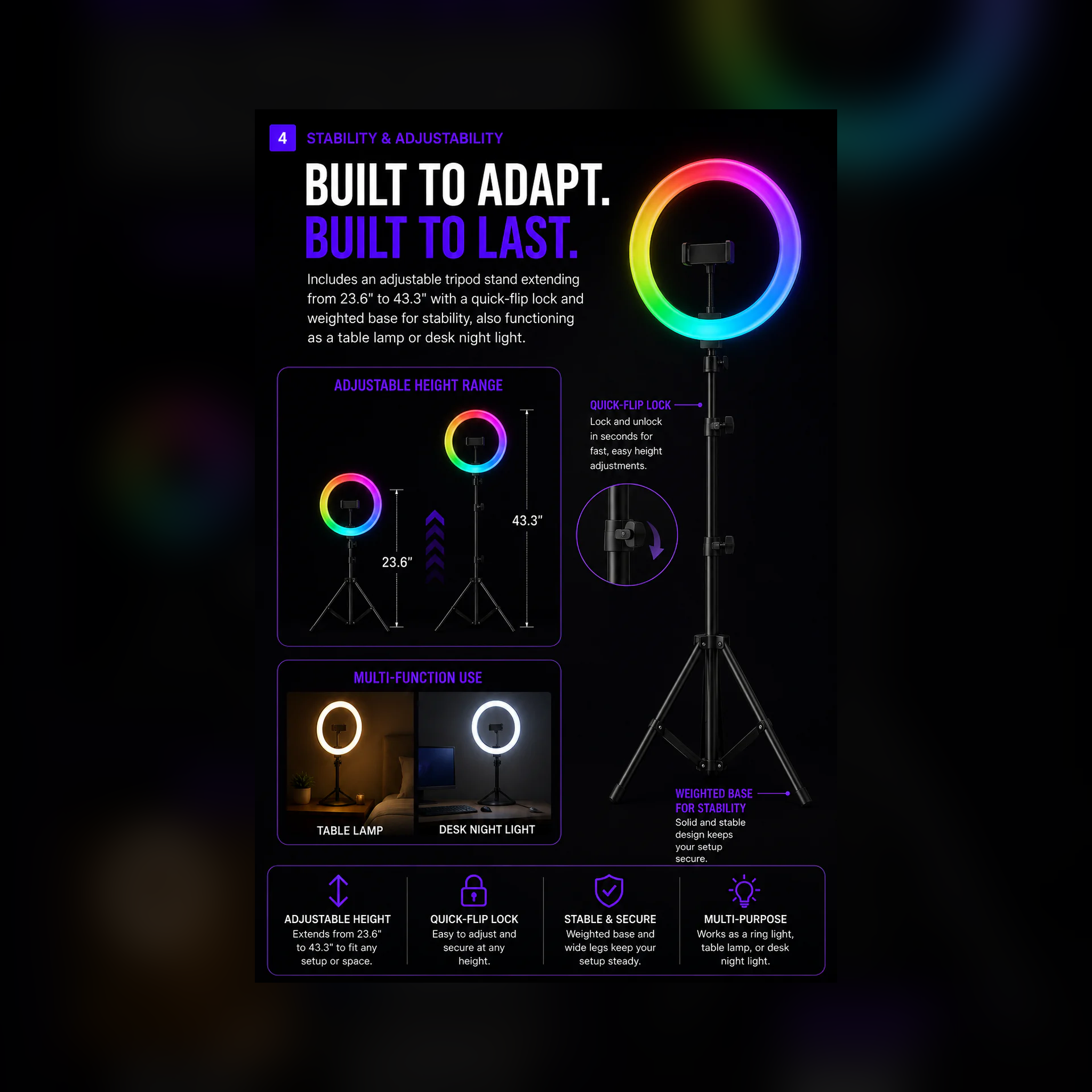 EzTech 13-inch RGB ring light stability and adjustability graphic