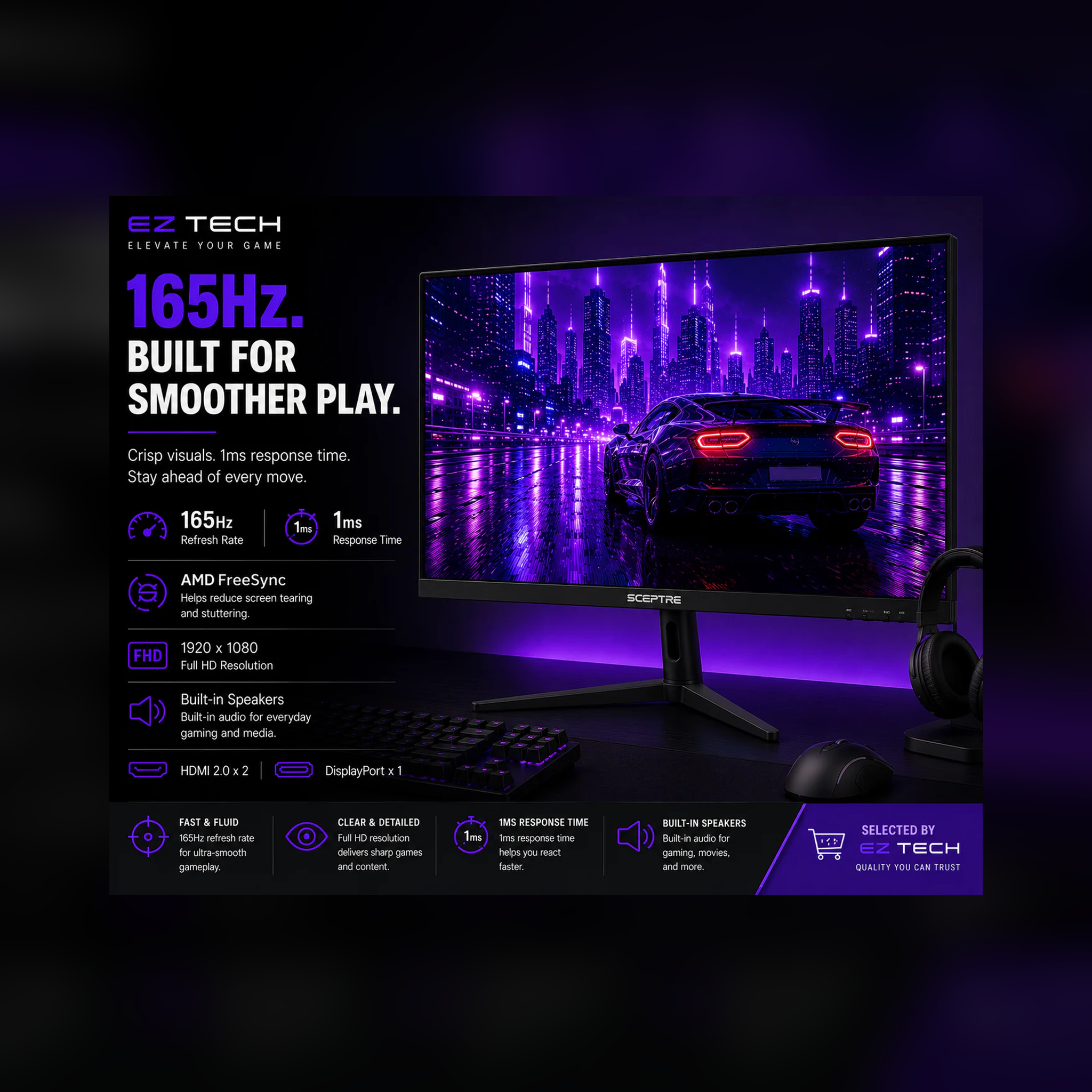 Sceptre 25-inch 165Hz FHD gaming monitor hero graphic selected by EzTech