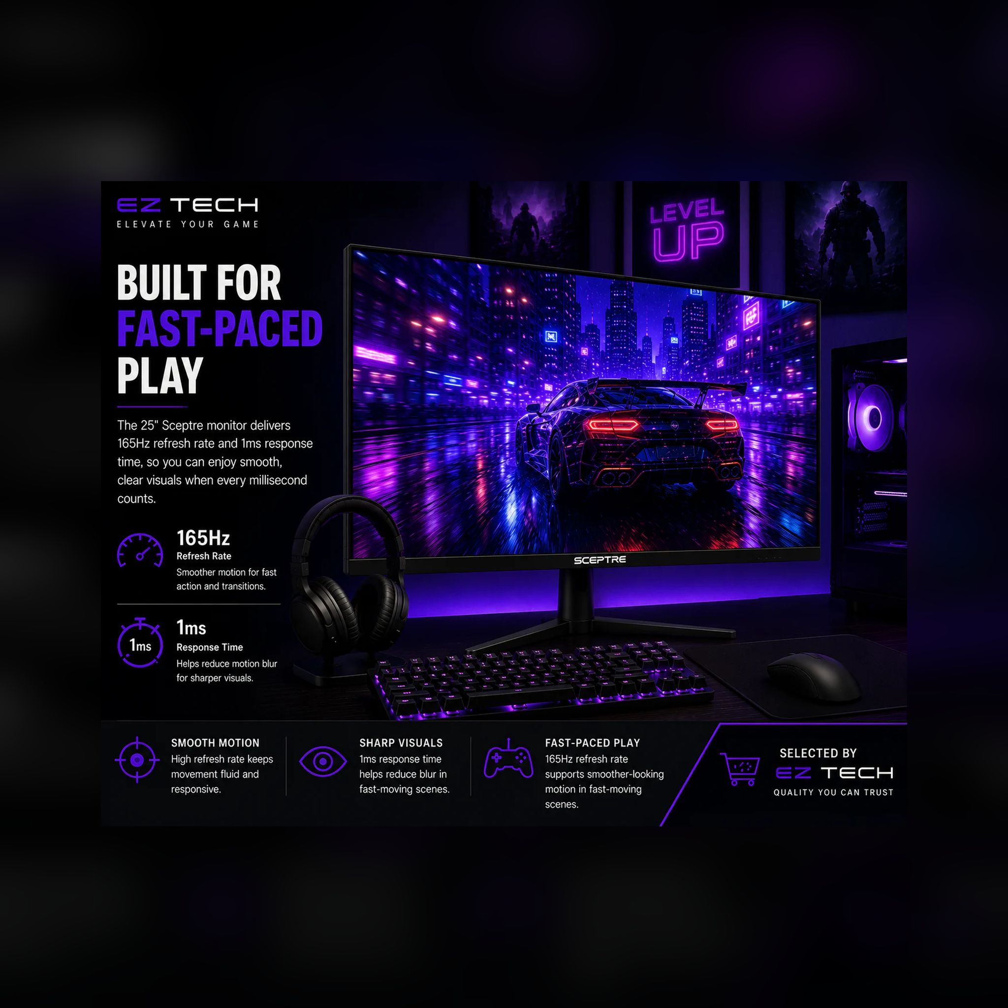 Sceptre 25-inch 165Hz gaming monitor fast-paced gaming lifestyle graphic selected by EzTech