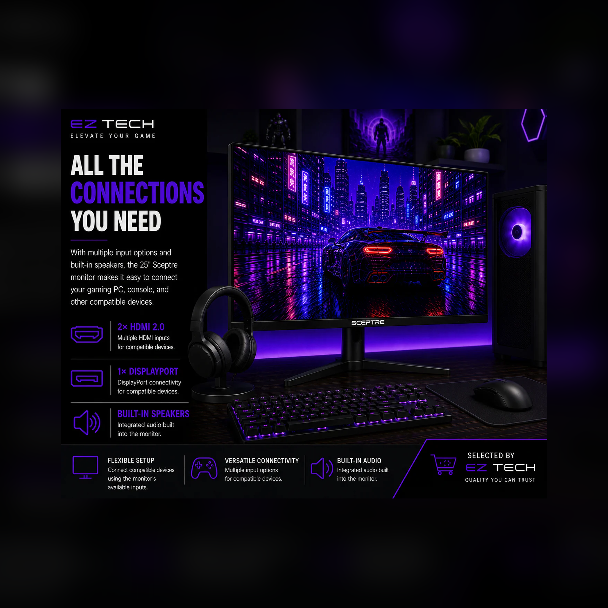 Sceptre 25-inch 165Hz gaming monitor connectivity and built-in audio detail graphic selected by EzTech